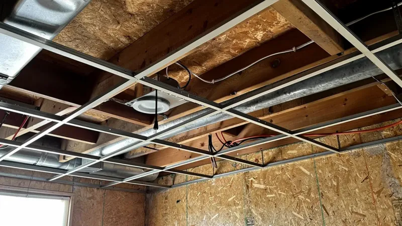 A suspended ceiling grid hung and ready for tile, with joists, ductwork and wiring visible above