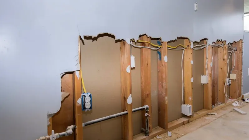 Interior wall opened along its lower half to expose bare wood studs with wiring and plumbing running inside the stud bays