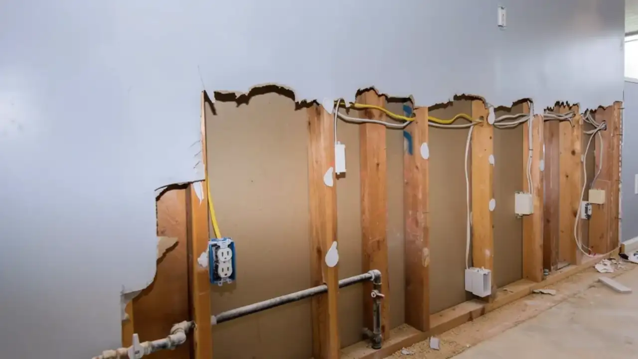 Interior wall opened along its lower half to expose bare wood studs with wiring and plumbing running inside the stud bays