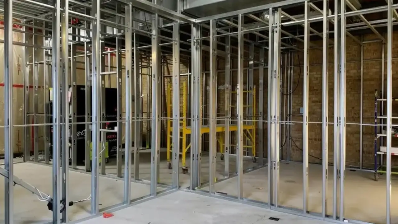 Steel stud partition walls framed inside an unfinished commercial interior, with overhead ceiling framing and ductwork