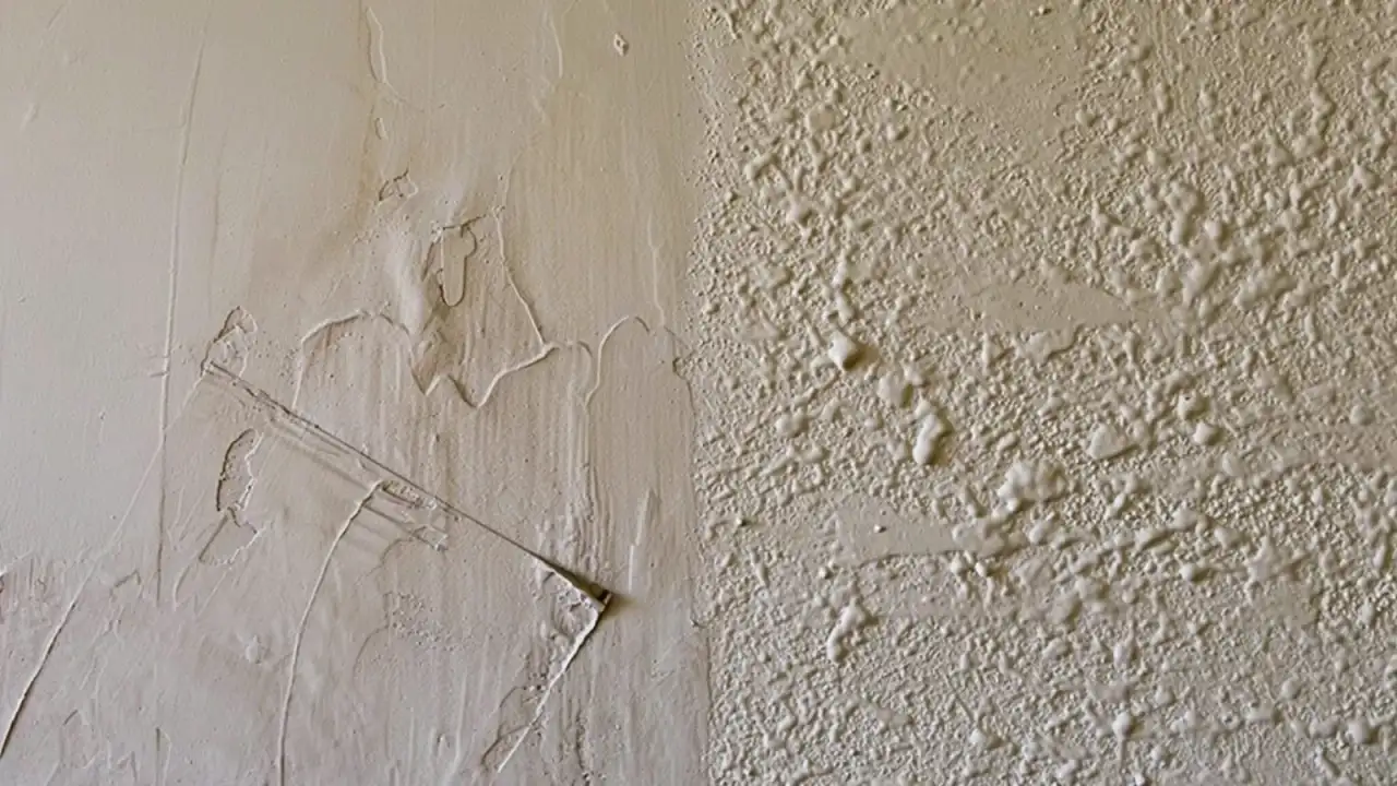Freshly troweled joint compound on one half of a wall meeting a splatter knockdown texture on the other